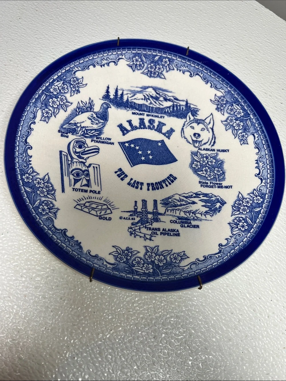 Vintage Alaska Travel Souvenir Plate Blue Transferware Japan